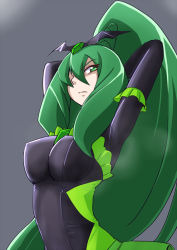 Rule 34 | 10s, 1girl, armpits, bad end march, bad end precure, bakusai, black bodysuit, bodysuit, dark persona, expressionless, eyelashes, fingerless gloves, gloves, green eyes, green hair, hair over one eye, long hair, looking at viewer, matching hair/eyes, pantyhose, ponytail, precure, serious, simple background, skirt, smell, smile precure!, solo, stretching, tsurime, upper body