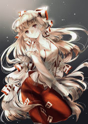 Rule 34 | 1girl, absurdres, bad anatomy, bow, breasts, bright pupils, cleavage, closed mouth, collarbone, commentary request, dark background, artistic error, expressionless, eyebrows hidden by hair, floating, foot out of frame, fujiwara no mokou, gradient background, grey background, hair bow, highres, light particles, long hair, long sleeves, looking ahead, medium breasts, nose, ofuda, red eyes, shirt, silver hair, simple background, solo, suspenders, touhou, urushimaru0701, very long hair, white bow, white shirt
