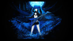 Rule 34 | 10s, 1girl, arsenixc, bad id, bad pixiv id, bikini, bikini top only, black hair, black rock shooter, black rock shooter (character), blue eyes, coat, disco ball, female focus, gibson flying v, glowing, glowing eyes, guitar, highres, instrument, long hair, shorts, smile, solo, swimsuit, twintails