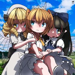 Rule 34 | 3girls, holding another&#039;s arm, ascot, back bow, black bow, black hair, blonde hair, bloomers, blue bow, blue eyes, blue sky, blush, boots, bow, cloud, collar, dress, drill hair, fairy wings, frilled collar, frilled dress, frilled sleeves, frills, hair bow, holding hands, highres, huxiao (mistlakefront), long hair, luna child, multiple girls, open mouth, orange hair, puffy short sleeves, puffy sleeves, ribbon, short sleeves, sky, star sapphire, sunny milk, touhou, twintails, underwear, white headwear, wings, yellow eyes