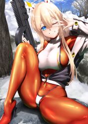 Rule 34 | 1girl, bare tree, bikini, bikini bottom only, bikini over clothes, blonde hair, blue eyes, bodysuit, braid, breasts, covered navel, crop top, crotch, day, goddess of victory: nikke, grey jacket, grin, hair between eyes, headgear, highres, hiraken, holding, holding weapon, hood, hood down, hooded jacket, jacket, large breasts, light blush, long hair, looking at viewer, multicolored clothes, multicolored jacket, off-shoulder jacket, off shoulder, one eye closed, orange bodysuit, outdoors, partially unzipped, sidelocks, sitting, skin tight, smile, snow, solo, spread legs, swimsuit, thighs, tove (nikke), tree, two-tone jacket, v over eye, weapon, white jacket
