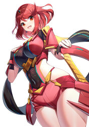 Rule 34 | 1girl, :d, aegis sword (xenoblade), black gloves, blush, breasts, chest jewel, commentary request, fingerless gloves, gloves, highres, large breasts, legs together, looking at viewer, open mouth, pyra (xenoblade), red eyes, red hair, red shorts, revision, ririko (zhuoyandesailaer), short hair, short shorts, short sleeves, shorts, smile, solo, swept bangs, sword, thighhighs, thighs, tiara, weapon, xenoblade chronicles (series), xenoblade chronicles 2