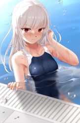 Rule 34 | 1girl, absurdres, black one-piece swimsuit, blue one-piece swimsuit, blunt bangs, blush, breasts, cleavage, collarbone, competition school swimsuit, competition swimsuit, day, eto (ikumika), grey hair, hand in own hair, highres, long hair, looking at viewer, medium breasts, one-piece swimsuit, original, outdoors, partially submerged, pool, red eyes, school swimsuit, scowl, solo, swimsuit, upper body, v-shaped eyebrows, water, water drop