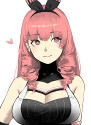 Rule 34 | 1girl, animal ears, ayla: kaleido (punishing: gray raven), ayla (punishing: gray raven), bare shoulders, black shirt, braid, braided bangs, breasts, cleavage, cleavage cutout, closed mouth, clothing cutout, drill hair, highres, kq5ghnx, large breasts, long hair, pink eyes, pink hair, punishing: gray raven, rabbit ears, shirt, side drill, sleeveless, sleeveless shirt, two-tone shirt, white shirt
