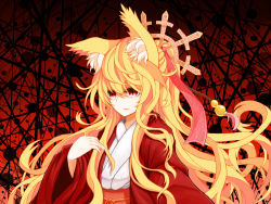 Rule 34 | 1girl, animal ears, azure luna, blonde hair, fox ears, gradient background, hair ornament, hair ribbon, japanese clothes, long hair, long sleeves, original, parted lips, red background, red eyes, ribbon, slit pupils, solo, upper body, very long hair