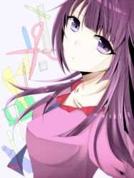 Rule 34 | 1girl, bakemonogatari, long hair, monogatari (series), purple eyes, purple hair, school uniform, senjougahara hitagi, solo, stationery