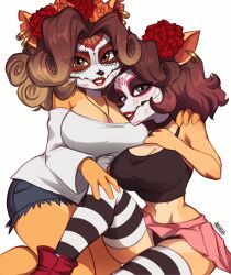 Rule 34 | 2girls, alyssa bandicoot (magaska), animal ear piercing, animal ears, artist name, black shirt, black thighhighs, boots, breasts, brown eyes, brown hair, cleavage, crash bandicoot (series), crop top, dia de muertos, facepaint, flower, furry, furry female, green eyes, hair flower, hair ornament, highres, jewelry, large breasts, looking at viewer, magaska, medium hair, mia bandicoot (magaska), multiple girls, necklace, pink skirt, red flower, red footwear, red rose, rose, shirt, short shorts, shorts, signature, simple background, skirt, sleeveless, striped clothes, striped thighhighs, thighhighs, white background, white shirt, white thighhighs