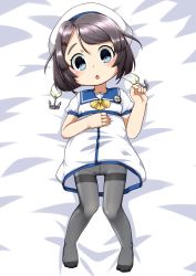 Rule 34 | 1girl, :o, bed, black hair, blue eyes, blue sailor collar, blush, dress, grey pantyhose, hair ornament, hairclip, hat, highres, kaiboukan no. 30 (kancolle), kantai collection, lying, nassukun, on back, on bed, pantyhose, parted lips, sailor collar, sailor dress, short sleeves, solo, thighband pantyhose, white dress, white hat