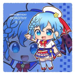 Rule 34 | 1girl, :d, arm up, blue background, blue eyes, blue footwear, blue hair, blue ribbon, blue skirt, blue thighhighs, border, braid, character name, chibi, chii (chi pppuri), dorothy west, full body, happy birthday, hat, idol clothes, looking at viewer, musical note, open mouth, outline, pleated skirt, pretty series, pripara, red ribbon, ribbon, sailor hat, salute, shirt, short hair, short sleeves, side braid, skirt, smile, solo, standing, thighhighs, two-finger salute, white border, white hat, white outline, white shirt, wrist cuffs, zoom layer