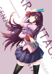 Rule 34 | 1girl, arm up, bakemonogatari, between fingers, black thighhighs, blue eyes, boxcutter, breasts, character name, closed mouth, collared shirt, commentary request, english text, feet out of frame, frank patriot, hair blowing, head tilt, highres, holding, leaning back, long hair, long sleeves, looking at viewer, medium breasts, monogatari (series), necktie, paintbrush, pencil, pleated skirt, purple background, purple hair, purple necktie, purple shirt, purple skirt, school uniform, senjougahara hitagi, shirt, skirt, sleeve cuffs, solo, stapler, stationery, striped, striped background, thighhighs, very long hair, white background, zettai ryouiki
