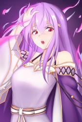 Rule 34 | 1girl, aura (aurapls), bare shoulders, breasts, cape, commentary, crossed bangs, dress, english commentary, fire emblem, fire emblem heroes, hair between eyes, hand to head, hand up, headband, highres, julia (fire emblem), long hair, long sleeves, medium breasts, nintendo, off-shoulder dress, off shoulder, open mouth, purple background, purple cape, purple hair, purple theme, red eyes, sash, solo, wide sleeves