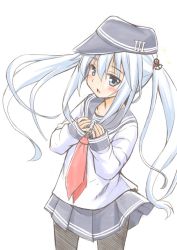 Rule 34 | 10s, 1girl, alternate hairstyle, anchor hair ornament, blush, commentary request, flat cap, fujishima shinnosuke, grey eyes, hair ornament, hands on own chest, hat, hibiki (kancolle), kantai collection, looking at viewer, neckerchief, pantyhose, school uniform, serafuku, skirt, sleeves past wrists, solo, twintails, twintails day, white hair