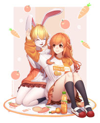 Rule 34 | 2girls, :d, animal ears, ass, black socks, blonde hair, bottle, braid, breasts, brown skirt, bunny ears prank, carrot, carrot (one piece), closed eyes, commentary request, convenient censoring, food, fruit, furry, furry female, happy, highres, juice, jurrig, kneehighs, knees up, large breasts, long hair, long sleeves, looking at another, miniskirt, multiple girls, nami (one piece), one piece, open mouth, orange (fruit), orange hair, orange juice, orange sweater, orange theme, plaid, plaid skirt, rabbit ears, rabbit girl, rabbit tail, red footwear, seiza, shoes, short hair, sitting, skirt, smile, socks, sweater, tail, white footwear, white fur, white sweater