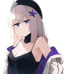 Rule 34 | aa-12 (girls&#039; frontline), absurdres, ahoge, armpits, bare shoulders, beret, black camisole, black choker, black headwear, blue eyes, breasts, camisole, choker, cleavage, closed mouth, expressionless, from side, girls&#039; frontline, grey hair, hair ornament, hairclip, half-closed eyes, hat, highres, hinami047, jacket, light brown hair, long hair, looking at viewer, medium breasts, multicolored clothes, multicolored jacket, off shoulder, purple jacket, sidelocks, simple background, white background, white jacket