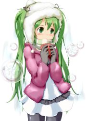 Rule 34 | 1girl, blush, green eyes, green hair, hatsune miku, highres, long hair, matching hair/eyes, naka (cheeseyeast), pantyhose, scarf, skirt, solo, striped clothes, striped scarf, twintails, valentine, vocaloid