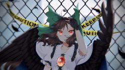 Rule 34 | 1girl, bird wings, black gloves, bow, breasts, brown hair, brown wings, cape, caution tape, chain-link fence, cosmos 0131, feathers, fence, fingerless gloves, frilled shirt collar, frills, gloves, green bow, grin, hair bow, highres, long hair, looking at viewer, medium breasts, puffy short sleeves, puffy sleeves, red eyes, reiuji utsuho, shirt, short sleeves, smile, solo, starry sky print, third eye, touhou, upper body, white cape, white shirt, wings