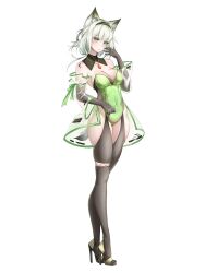 Rule 34 | 1girl, absurdres, arknights, black footwear, black gloves, black hairband, black thighhighs, breasts, cleavage, closed mouth, detached sleeves, elbow gloves, full body, gloves, green eyes, green leotard, hairband, hand up, high heels, highres, jewelry, kal&#039;tsit (arknights), leotard, long hair, long sleeves, looking at viewer, medium breasts, nanaya journey, pendant, see-through, shoes, simple background, solo, standing, strapless, strapless leotard, thighhighs, white background, white hair, wide sleeves
