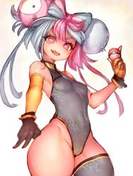 Rule 34 | 1girl, asymmetrical gloves, bare shoulders, blush, breasts, cameltoe, creatures (company), foreshortening, fumio (rsqkr), game freak, gloves, grin, highres, iono (pokemon), leotard, looking at viewer, mismatched gloves, nintendo, poke ball, poke ball (basic), pokemon, pokemon sv, redesign, sharp teeth, single thighhigh, small breasts, smile, solo, teeth, thighhighs, thighs