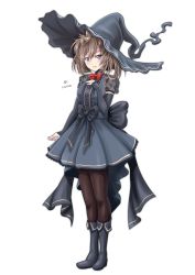 Rule 34 | 1girl, alternate costume, black dress, black footwear, black hat, black pantyhose, black sleeves, blue eyes, boots, breasts, brown hair, detached sleeves, dress, full body, hat, highres, kantai collection, long hair, medium breasts, messy hair, pantyhose, sheffield (kancolle), short dress, smile, solo, standing, tk8d32, witch, witch hat