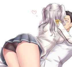 Rule 34 | 10s, 1boy, 1girl, ass, black eyes, black hair, black panties, blue skirt, breasts, buttons, constricted pupils, epaulettes, from behind, heart, highres, kantai collection, kashima (kancolle), leaning forward, long hair, long sleeves, medium breasts, military, military uniform, miniskirt, naval uniform, neit ni sei, no headwear, panties, pantyshot, pleated skirt, revision, shiny skin, short twintails, silver hair, simple background, skirt, standing, surprised, sweat, thighs, twintails, two side up, underwear, uniform, upskirt, white background