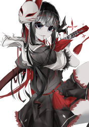 Rule 34 | 1girl, absurdres, black hair, black serafuku, black shirt, black skirt, blunt bangs, bug, butterfly, fox mask, grey eyes, hair in own mouth, hair ornament, highres, holding, holding sword, holding weapon, insect, kagerou 4253, katana, long hair, looking at viewer, mask, mask on head, multicolored hair, nail polish, original, pale skin, pleated skirt, red hair, red nails, sailor collar, school uniform, serafuku, sheath, sheathed, shirt, short sleeves, simple background, skirt, solo, sword, thighs, weapon, white background