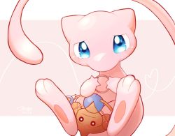 Rule 34 | bad id, bad twitter id, blue eyes, character doll, commentary request, creatures (company), game freak, gen 1 pokemon, gen 2 pokemon, hands up, heart, highres, hitmontop, holding, legendary pokemon, looking at viewer, mew (pokemon), mythical pokemon, nintendo, okoge (simokaji), pokemon, pokemon (creature), tearing up, toes