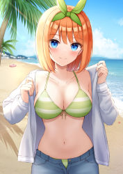 Rule 34 | 1girl, absurdres, beach, bikini, blue eyes, blue pants, blue sky, breasts, cleavage, closed mouth, cloud, commentary request, day, denim, go-toubun no hanayome, green bikini, green hairband, hairband, highres, jacket, jeans, large breasts, looking at viewer, nakano yotsuba, navel, ocean, open clothes, open jacket, orange hair, outdoors, palm tree, pants, short hair, sky, smile, striped bikini, striped clothes, summer, swimsuit, tree, white jacket, yukiunag1
