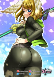 Rule 34 | 1girl, absurdres, ass, blonde hair, blue eyes, blush, bodysuit, breasts, comme sassy, eunie (xenoblade), from behind, head wings, highres, huge ass, jacket, looking at viewer, looking back, medium breasts, medium hair, open mouth, pants, shiny clothes, sideboob, skin tight, solo, staff, wings, xenoblade chronicles (series), xenoblade chronicles 3