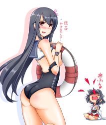 Rule 34 | 2girls, arched back, ass, black hair, blood, breasts, cosplay, fusou (kancolle), innertube, kantai collection, kuon (nokokopopo), multiple girls, nosebleed, one-piece swimsuit, red eyes, ro-500 (kancolle), ro-500 (kancolle) (cosplay), school swimsuit, sideboob, simple background, swim ring, swimsuit, undersized clothes, yamashiro (kancolle)