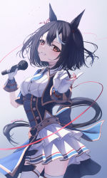 Rule 34 | 1girl, absurdres, amane utata, animal ears, belt, black hair, blue dress, blue necktie, blush, buttons, commentary request, cowboy shot, double-breasted, dress, gloves, highres, holding, holding microphone, horse ears, horse girl, horse tail, kitasan black (umamusume), looking at viewer, microphone, multicolored hair, necktie, short hair, smile, solo, streaked hair, string, string of fate, tail, teeth, thighhighs, twitter username, umamusume, white gloves, white thighhighs, zettai ryouiki