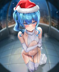 Rule 34 | 1girl, absurdres, alternate costume, blue eyes, blue hair, breasts, christmas, closed mouth, commentary, commentary request, detached sleeves, embarrassed, english commentary, fur-trimmed headwear, fur trim, garter straps, hair between eyes, hair ribbon, hat, highres, holding, holding own arm, holding sack, hololive, hoshimachi suisei, jagoo, looking at viewer, medium hair, meme attire, mixed-language commentary, navel, night, panties, pov peephole, ribbed legwear, ribbed panties, ribbed sleeves, ribbed thighhighs, ribbon, sack, santa hat, side ponytail, sleeveless, sleeveless sweater, sleeveless turtleneck, small breasts, snowing, solo, sweater, thighhighs, turtleneck, turtleneck sweater, underwear, virgin destroyer sweater, virtual youtuber, white panties, white sweater