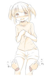 Rule 34 | 1girl, blush, cropped legs, disembodied hand, embarrassed, female focus, flat chest, hands up, highres, japanese text, kamome shop, looking at viewer, monochrome, nose blush, open mouth, original, shirt, short hair, short shorts, short sleeves, shorts, simple background, sketch, solo, standing, translation request, two side up, white background