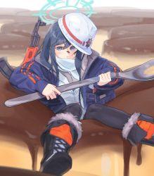 Rule 34 | 1girl, akm, assault rifle, black footwear, black legwear, blue archive, blue eyes, blue hair, blue jacket, blue scarf, blue vest, boots, dark blue hair, food, food on face, fur-trimmed boots, fur trim, gun, halo, hard hat, helmet, highres, holding, holding spoon, jacket, kalashnikov rifle, kidou senshi nama ino, long hair, long sleeves, looking at viewer, minori (blue archive), open clothes, open jacket, pout, pudding, puffy sleeves, rifle, scarf, sitting, solo, spoon, stuck, swept bangs, vest, weapon, weapon on back, white headwear