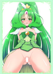 Rule 34 | 1girl, blush, breasts, breasts out, censored, cure march, green eyes, green hair, green theme, highres, long hair, magical girl, medium breasts, midorikawa nao, nipples, noyuki1204, open mouth, ponytail, precure, pussy, smile precure!, solo, tears, thighs, tiara, very long hair, wavy mouth, white background