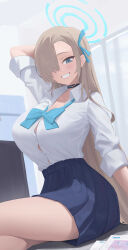 Rule 34 | 1girl, absurdres, arm up, asuna (blue archive), black choker, blue archive, blue bow, blue bowtie, blue eyes, blue halo, blue ribbon, blue skirt, bow, bowtie, breasts, brown hair, choker, commentary, gihachii, grin, hair over one eye, hair ribbon, halo, highres, large breasts, long hair, looking at viewer, one eye covered, pleated skirt, ribbon, school uniform, shirt, shirt tucked in, skirt, sleeves rolled up, smile, solo, thighs, tight clothes, tight shirt, very long hair, white shirt
