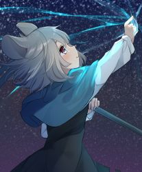 Rule 34 | animal ears, black dress, capelet, dowsing rod, dress, from side, glowing jewelry, grey hair, hair between eyes, highres, holding, holding up, jewelry, karasusou nano, layered clothes, long sleeves, looking up, mouse ears, nazrin, night, night sky, pendant, red eyes, shirt, short hair, sky, standing, star (sky), touhou, upper body, white shirt