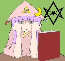 Rule 34 | 1girl, aleister crowley, alison (alison airlines), bad id, bad pixiv id, book, female focus, hexagram, parody, patchouli knowledge, purple hair, solo, touhou