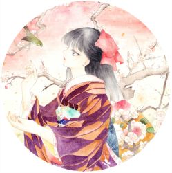 Rule 34 | 1girl, bird, branch, flower, hair ribbon, highres, japanese clothes, kimono, kimonohime, original, painting (medium), plum, plum blossoms, profile, ribbon, traditional media, watercolor (medium)