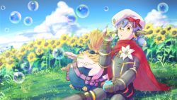 Rule 34 | android, blue sky, bubble, blowing bubbles, cape, cloud, day, flower, goggles, goggles on head, hat, joints, meadow, nintendo, nopon, outdoors, poppi (xenoblade), poppi alpha (xenoblade), purple hair, red cape, robot joints, short hair, sitting, sky, sunflower, tora (xenoblade 2), twintails, white flower, xenoblade chronicles (series), xenoblade chronicles 2, xenoblade chronicles (series), xenoblade chronicles 2, yellow eyes, yumiyoiyoi