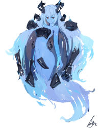 Rule 34 | 1girl, absurdly long hair, big hair, blue hair, blue skin, breasts, closed mouth, colored skin, gauntlets, highres, lansane, long hair, looking at viewer, medium breasts, navel, original, red eyes, signature, simple background, smile, solo, very long hair, white background