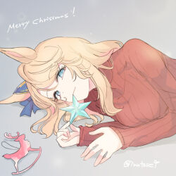 Rule 34 | 1girl, animal ears, aqua eyes, blonde hair, breasts, closed mouth, ear ornament, gold city (umamusume), grey background, horse ears, inutose, long hair, looking at viewer, lying, merry christmas, on side, red sweater, sleeves past wrists, small breasts, smile, solo, star (symbol), sweater, twitter username, umamusume, upper body