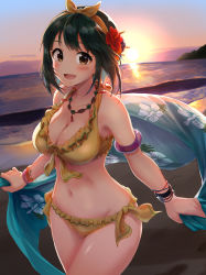 Rule 34 | 1girl, absurdres, bare shoulders, beach, bikini, blush, bracelet, breasts, cleavage, collarbone, commentary, cowboy shot, floral print, flower, frilled bikini, frills, green hair, hair flower, hair ornament, hairband, hibiscus, highres, holding, horizon, idolmaster, idolmaster (classic), jewelry, large breasts, looking at viewer, mole, mole under mouth, navel, necklace, ocean, open mouth, otonashi kotori, outdoors, red flower, sand, short hair, shuucream (syuichi), side-tie bikini bottom, smile, solo, standing, sun, swimsuit, thighs, water, yellow bikini, yellow eyes