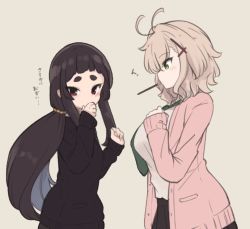 Rule 34 | 2girls, antenna hair, black cardigan, blush, breasts, brown background, brown hair, brown skirt, cardigan, commentary request, covering own mouth, food in mouth, green eyes, green neckwear, hair between eyes, hair ornament, hair tie, hand on own chest, hand on own hip, hand up, hands up, kuranami shiki, light brown hair, long hair, long sleeves, looking at another, looking at viewer, looking to the side, medium breasts, mouth hold, multiple girls, natsuki teru, necktie, nekomiya ryuu, open cardigan, open clothes, original, pink cardigan, pleated skirt, profile, red eyes, shirt, short eyebrows, sidelocks, simple background, skirt, sleeves past wrists, thick eyebrows, translation request, very long hair, white shirt, yuri