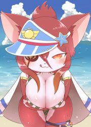 Rule 34 | 1girl, beach, breast hold, breasts, brown eyes, cat, cat busters, cleavage, furry, furry female, hinozuki (cat busters), kajiura, licking lips, looking at viewer, outdoors, red eyes, solo, swimsuit, tongue, tongue out