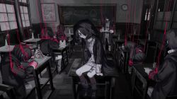 Rule 34 | 6+others, androgynous, arm support, black hair, black nails, chair, chalkboard, classroom, clock, clone, corset piercing, cup, curry, dark, desk, drawing (object), drinking glass, empty eyes, flower, food, grey eyes, hair over one eye, hair ribbon, hen10, highres, hood, hood down, hood up, hoodie, house of cards, indoors, leg warmers, long sleeves, looking down, memorial on desk, miniskirt, mole, mole under mouth, monochrome, multiple others, nail polish, on desk, original, picture frame, pill, pill bottle, pleated skirt, red flower, ribbon, rubik&#039;s cube, school chair, school desk, shoes, short hair, sitting, on desk, skirt, sneakers, spot color, string, string around neck, stuffed animal, stuffed rabbit, stuffed toy, sweater, tray, vase, window, wooden floor