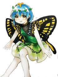 Rule 34 | 1girl, antennae, aqua hair, bad anatomy, bad perspective, barefoot, blush, butterfly wings, dress, eternity larva, fairy, green dress, hair between eyes, insect wings, leaf, leaf on head, maa (forsythia1729), multicolored clothes, multicolored dress, open mouth, orange eyes, short hair, short sleeves, simple background, single strap, smile, solo, touhou, white background, wings