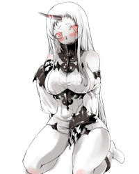 Rule 34 | 10s, 1girl, abyssal ship, albino, blush, boots, breasts, claws, colored skin, detached sleeves, dress, horns, kantai collection, large breasts, long hair, long sleeves, open mouth, personification, red eyes, ribbed dress, seaport princess, short dress, single horn, solo, thick thighs, thighs, white background, white dress, white hair, white skin, yuu (kfc)
