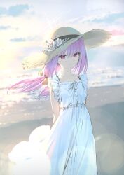 Rule 34 | 1girl, absurdres, alternate costume, arms behind back, atsuko (blue archive), backlighting, beach, blue archive, closed mouth, commentary, dress, evening, flower, frilled dress, frills, hair ribbon, halo, hat, hat flower, highres, light smile, looking at viewer, low twintails, medium hair, ocean, outdoors, purple hair, red eyes, ribbon, sand, sleeveless, sleeveless dress, solo, standing, straw hat, sun hat, sundress, sunset, twintails, wasabi60, water, white dress, yellow ribbon