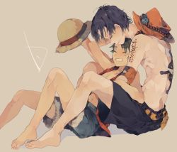 Rule 34 | 2boys, bad id, bad pixiv id, barefoot, beads, belt, black hair, black pants, brothers, brown background, closed eyes, collar, denim, denim shorts, family, feet, friends, green hair, happy, hat, hug, jolly roger, male focus, monkey d. luffy, multiple boys, muscular, one piece, pants, pirate, portgas d. ace, ren (zero second), sad face, scar, shirt, shorts, siblings, sitting, sleeveless, sleeveless shirt, smile, smiley face, straw hat, tattoo, topless male, yaoi