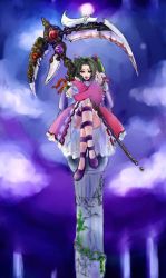 Rule 34 | 1girl, arala cran, cloud, convenient leg, crossed arms, dress, full moon, green hair, hair ornament, huge weapon, legs, crossed legs, lipstick, long hair, makeup, moon, night, night sky, outdoors, pillar, scythe, shikigami no shiro, shikigami no shiro ii, shoes, sitting, sky, smile, solo, thigh strap, twintails, weapon